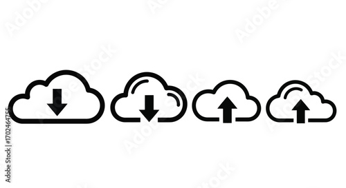Vector illustration of collection of cloud icons with download and upload arrows, symbolizing cloud services and data management