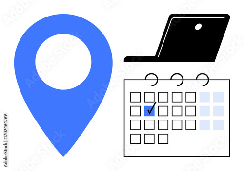Blue location pin, open laptop, and calendar with marked date. Ideal for time management, scheduling, remote work, appointments, travel planning productivity teamwork. Flat simple metaphor