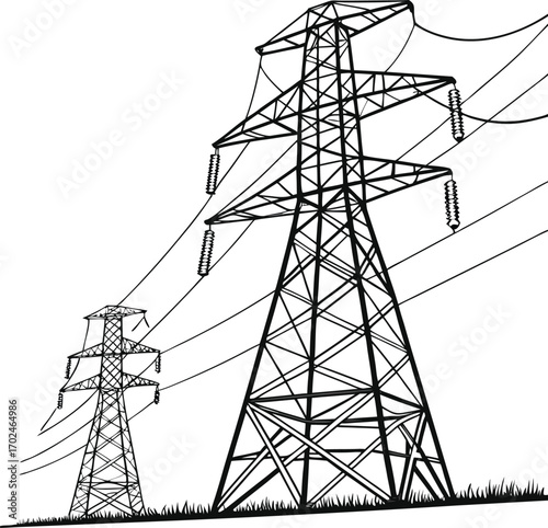 Steel frame electric pylon standing beside rural trees with power distribution lines, black vector silhouette artwork of utility infrastructure, electricity supply system, and industrial energy vector