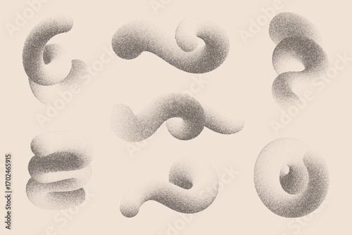 Stipple gradient shapes. 3D swirl lines with noise. Grainy geometric spirals with sand effect. Halftone trendy curved organic objects for modern posters and graphic design. Vector illustration
