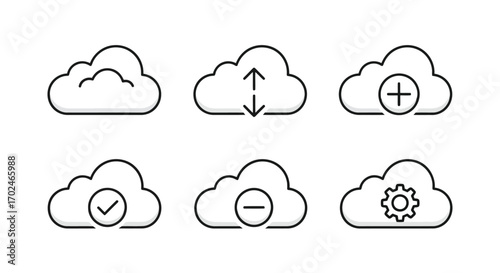 Vector illustration of set of cloud computing icons with upload, download, add, checkmark, delete, and settings symbols