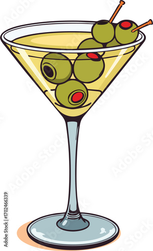 Vector Martini Glass with Yellow Cocktail and Green Olives – Elegant Cartoon Drink Illustration