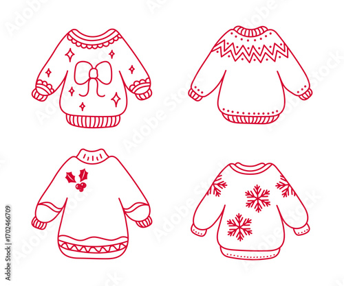 Set of four winter red Christmas sweaters. Warm clothes with ornaments and patterns. Vector flat illustration in doodle style