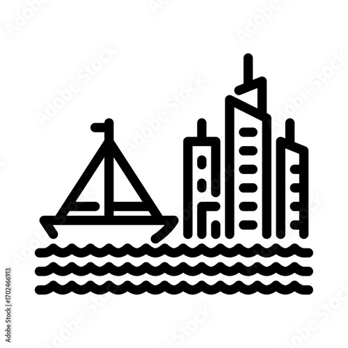 Sailing boat outline icon. harbor view black line illustration.