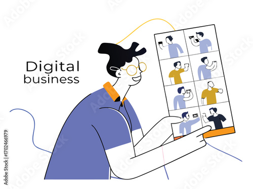 Minimalist flat design vector illustration of digital business video conference