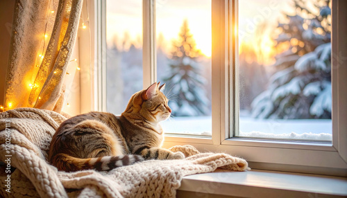 Cat laying on a windowsill, winter dusk. Ai