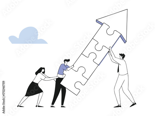Diverse team assembling puzzle rocket illustration for business growth success vector graphic