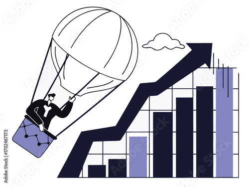 Stylized flat vector illustration of business growth concept with hot air balloon and upward trend graph