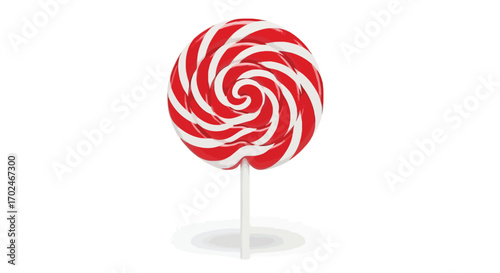 Swirled red and white lollipop on a stick against white backdrop
