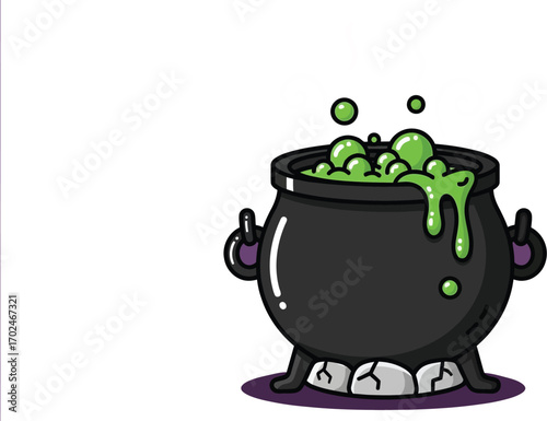 Steaming cauldron with green potion bubbles on a purple background