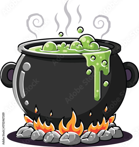 Cartoon witch's cauldron bubbling with green potion on halloween