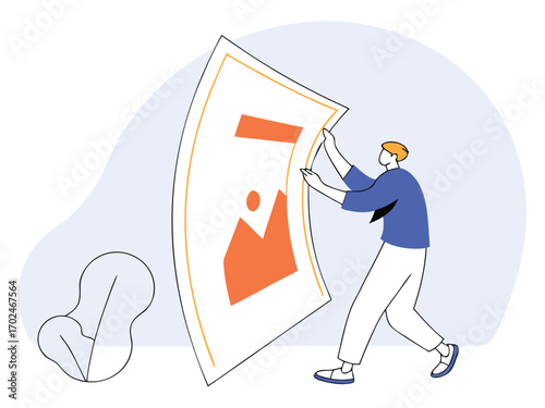 Modern vector illustration of a person unfolding a large curved graphic design element