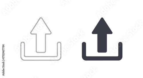 Vector illustration of two upload icons, one outlined and one filled, representing file upload or data submission