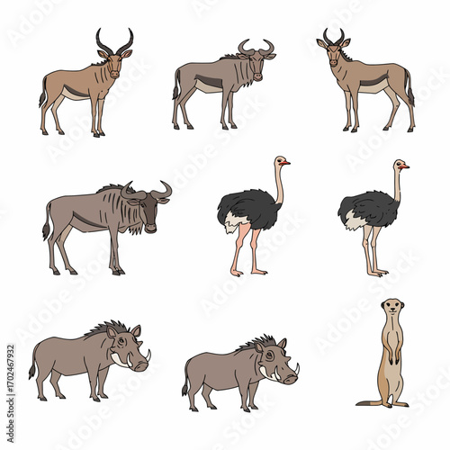 Collection of various African safari animals including wildebeest, ostriches, warthogs, antelopes, and a meerkat, illustrated on a white background.