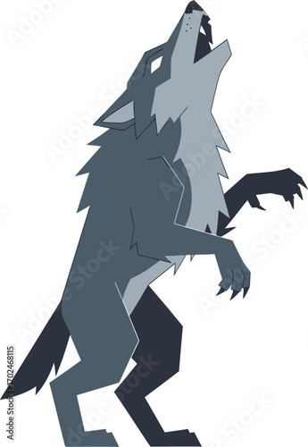 Stylized gray wolf howling on its hind legs against white