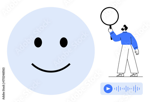 happy face, person analyzing with magnifying glass, audio waveform icon. Ideal for research, positivity, user feedback, technology, discovery, communication simple landing page