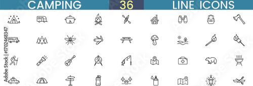 Collection of 36 camping line icons for outdoor adventure themes vector