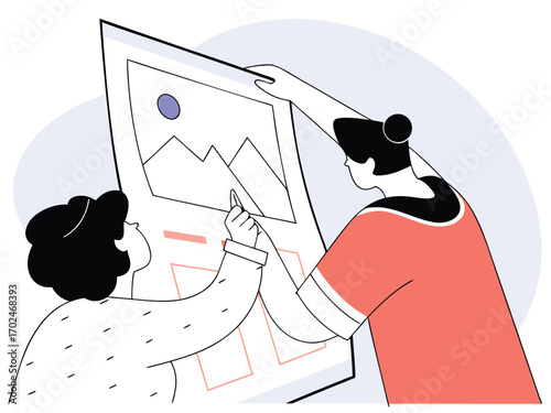 Two people collaborating on a creative project vector illustration showing teamwork and inspiration