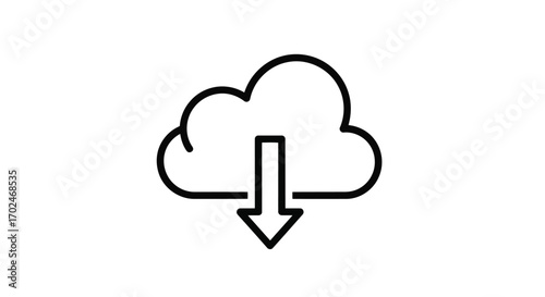 Vector illustration of simple line art icon of a cloud with a download arrow, symbolizing cloud storage and data transfer