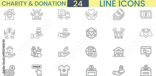 Charity and donation line icons set for social good projects vector