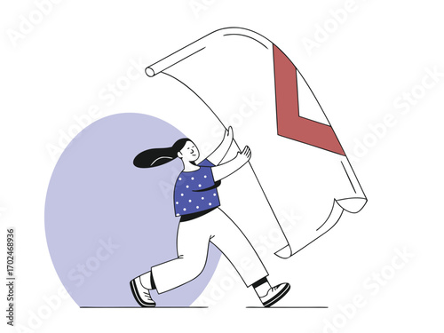 Woman holding english flag celebrating victory or achievement with dynamic illustration style
