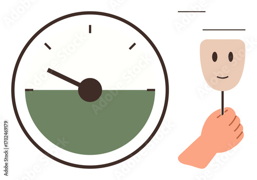 Meter with needle signaling balance and hand holding smiling mask, representing emotions, self-regulation, and positivity. Ideal for mental health, wellness, self-care, mood, resilience psychology