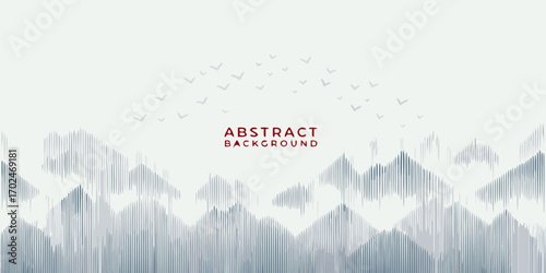 Abstract minimalist landscape with stylized mountain peaks and flying birds in a serene sky
