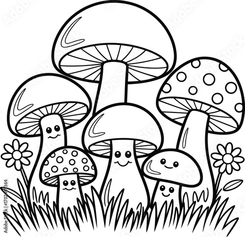 Whimsical illustration of a group of happy cartoon mushrooms with smiling faces and flowers in a grassy field