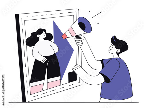 Man with megaphone announcing to woman in framed illustration vector eps