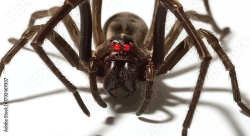 Close up of a brown huntsman spider with red eyes on white