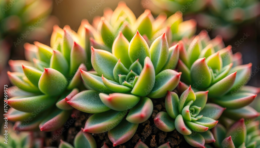 Obraz premium A macro shot of a green succulent with red tips. The other plants in the background are out of focus.