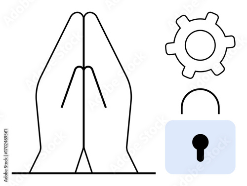 Hands clasped in prayer alongside gear and lock emphasizing the connection of faith, innovation, and security. Ideal for spirituality, technology, protection, meditation, collaboration, balance flat