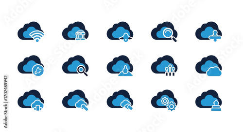 Vector illustration of collection of cloud icons representing various digital services and functions