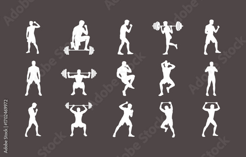 Fitness workout silhouettes vector set with athletes exercising, weightlifting, boxing, running, stretching, bodybuilding, gym training and sports activities