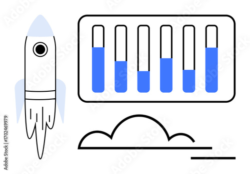 Rocket launching alongside a panel of six progress bars with varied levels. Ideal for startup growth, innovation, success tracking, futuristic concepts, science, productivity, and a simple landing