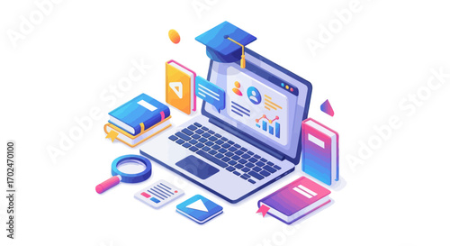 Isometric illustration of online learning and digital education with laptop and books.