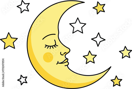 Crescent moon with a face surrounded by stars on a white background