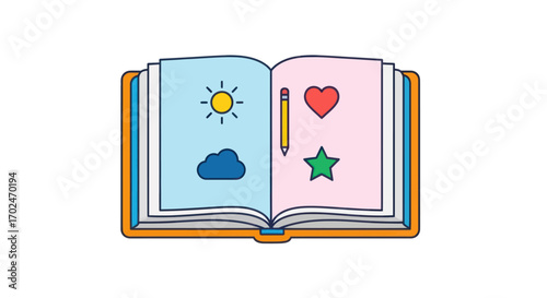 Cartoon Open Book with Colorful Pages and Various Icons.