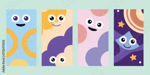 Set of four colorful abstract characters with big eyes and smiling faces in a playful style