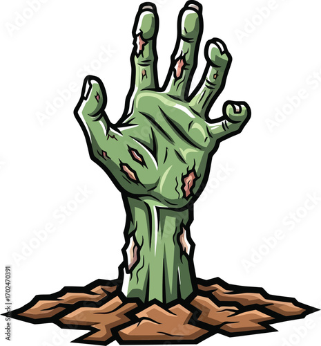 Cartoon zombie hand rising from the ground on a white background