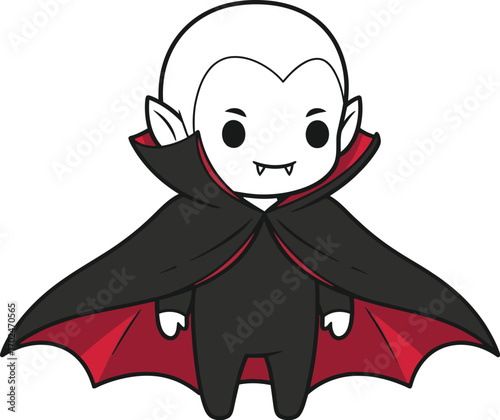 Cute cartoon vampire with cape standing on a white background
