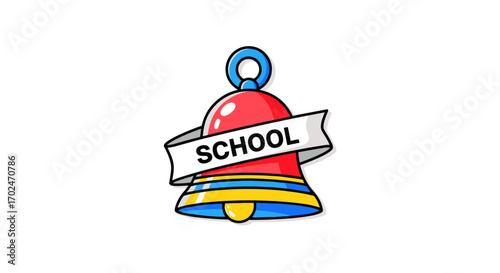 Colorful cartoon school bell with SCHOOL banner red yellow and blue.