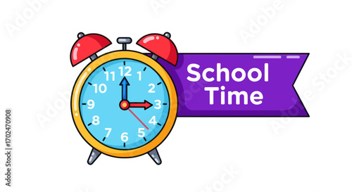 A colorful cartoon alarm clock with a purple School Time banner illustration.