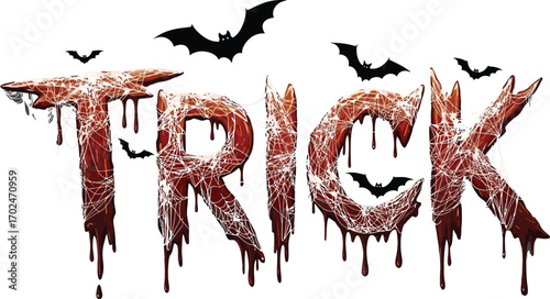 Spooky trick halloween text with blood and bats on a gray background