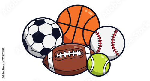 Assortment of Popular Sports Balls: Soccer Basketball Baseball Football and Tennis.