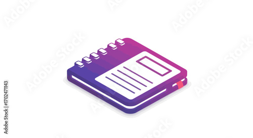 Isometric Purple and Pink Notebook with Spiral Binding and Lined Pages.