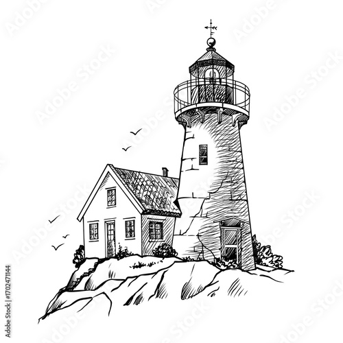 Lighthouse. Hand drawn sketch vector. Ancient architecture
