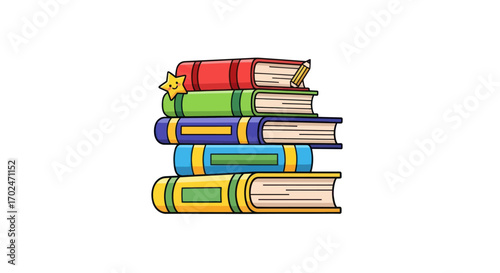 Stack of Colorful Books with Decorative Elements.