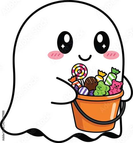 Cute cartoon ghost holding a bucket full of halloween candy