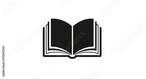 Black and White Open Book Icon on White Background.